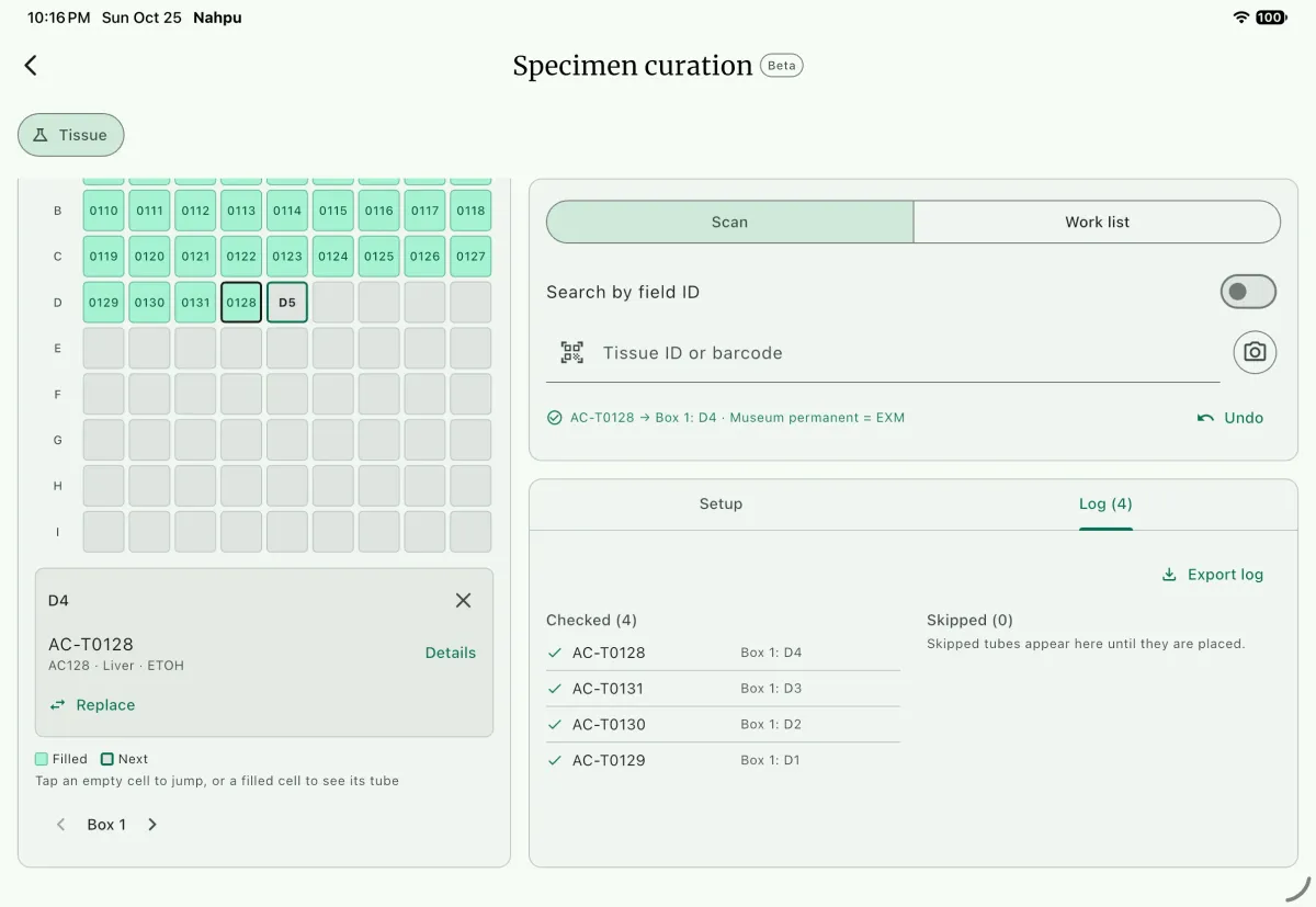 NAHPU Specimen curation screen with a cell inspector and the session log on a tablet