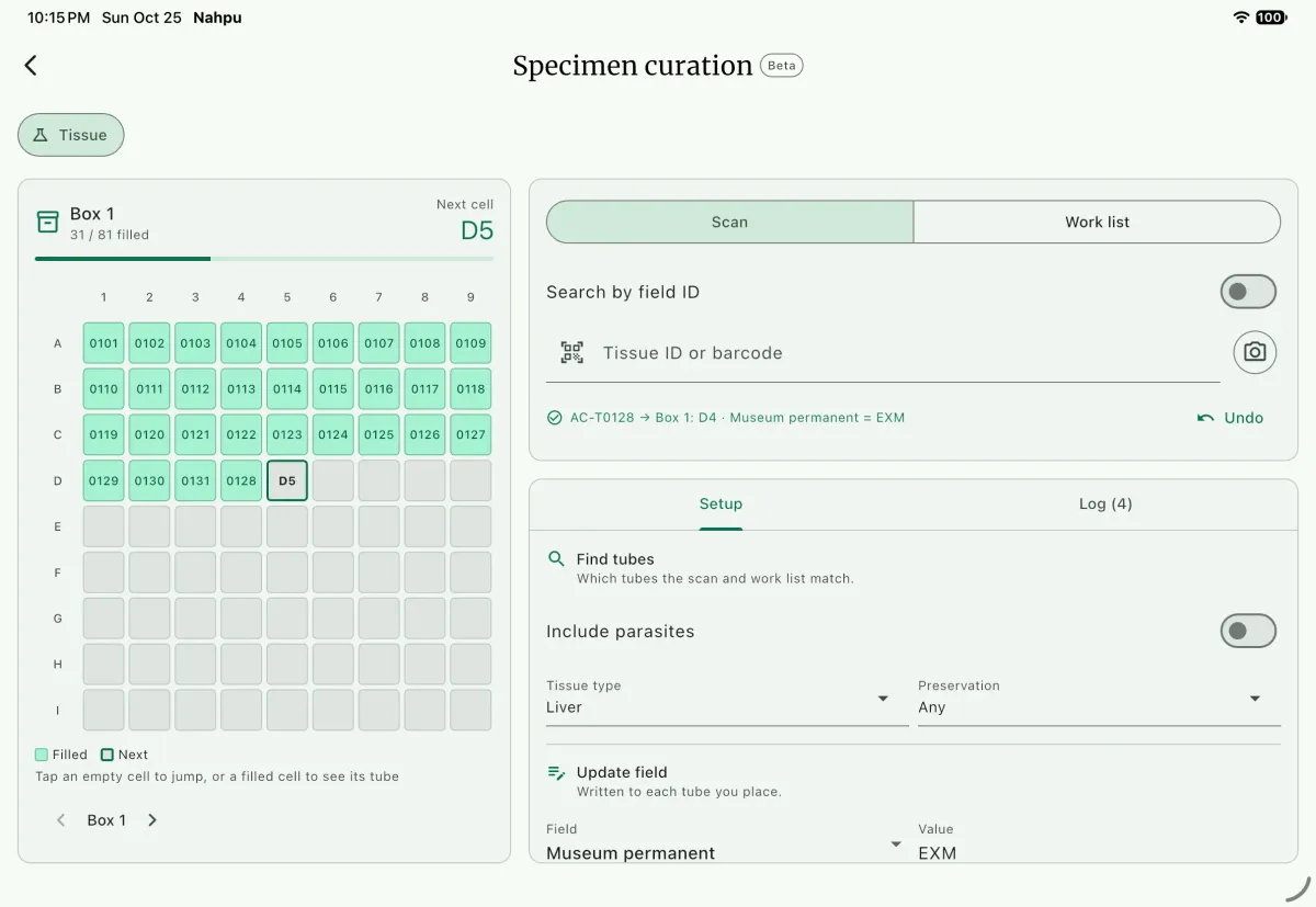 NAHPU Specimen curation screen with the box, scan field, and setup on a tablet