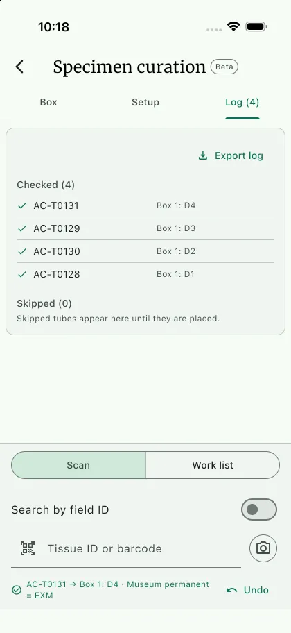 NAHPU Specimen curation session log on a phone