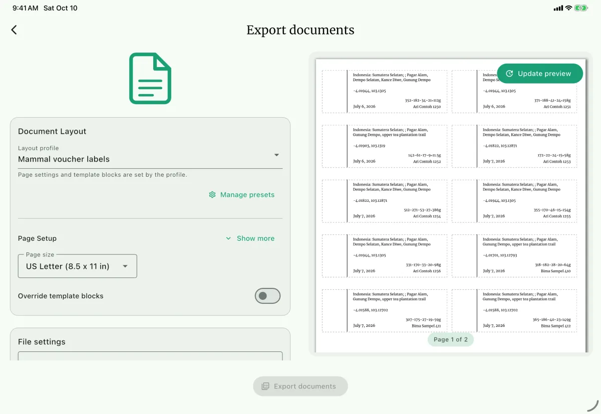 NAHPU Export documents screen on a tablet