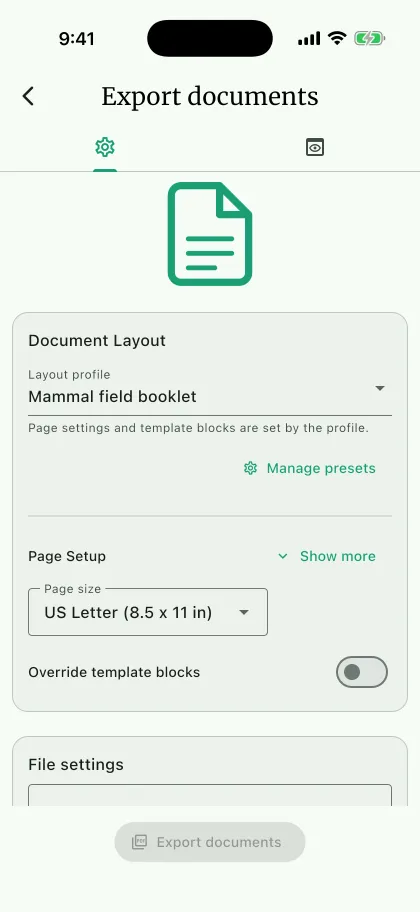 NAHPU Export documents screen on a phone