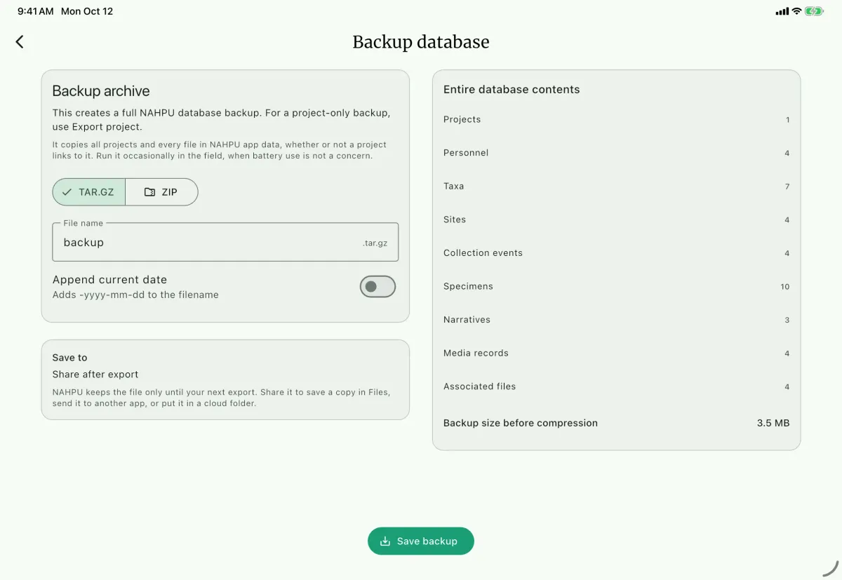 NAHPU Backup database screen on a tablet
