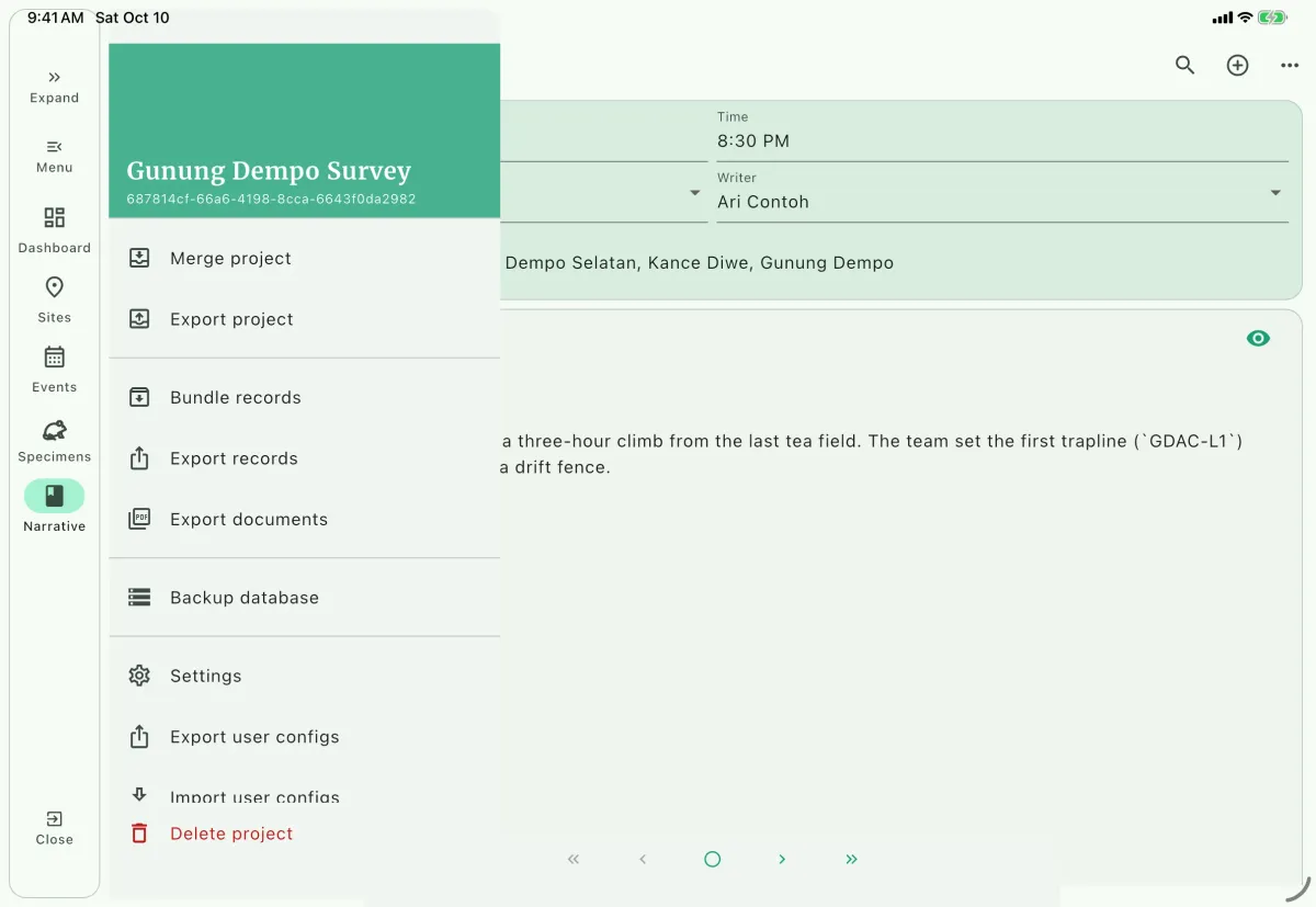 NAHPU project menu screen on a tablet