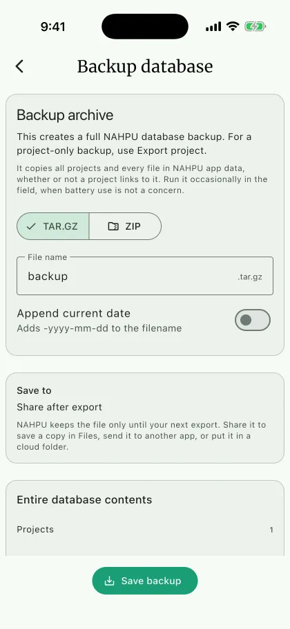 NAHPU Backup database screen on a phone