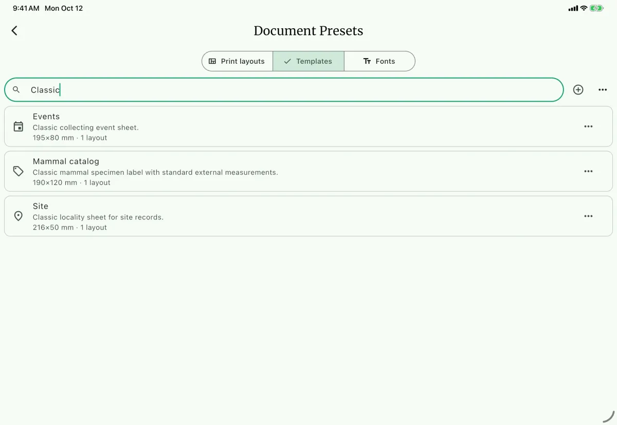 NAHPU Document templates screen on a tablet