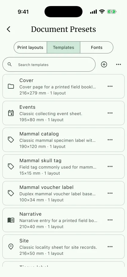 NAHPU Document templates screen on a phone