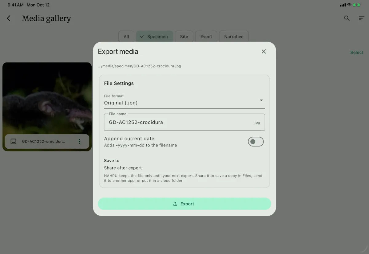 NAHPU Export media screen on a tablet