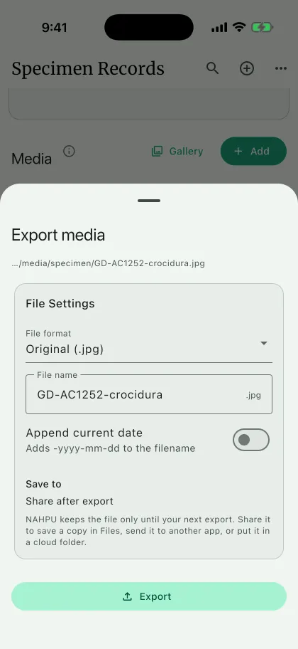 NAHPU Export media screen on a phone