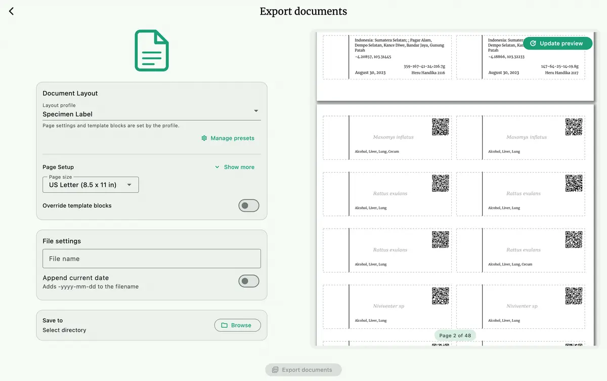 Print-ready specimen labels
