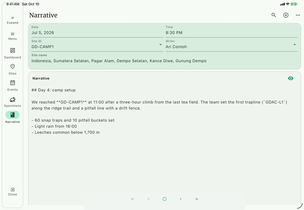 NAHPU Narrative screen on a tablet