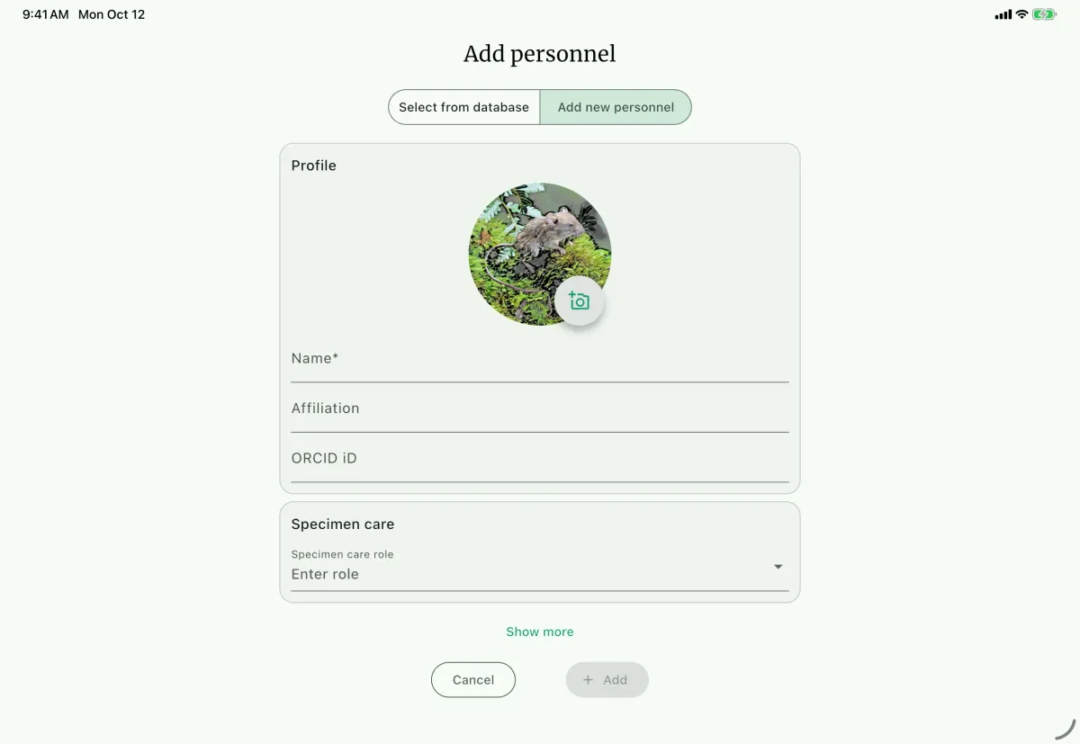 NAHPU Add personnel screen on a tablet
