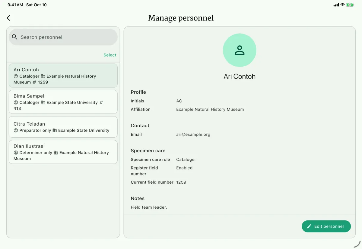 NAHPU Manage personnel screen on a tablet