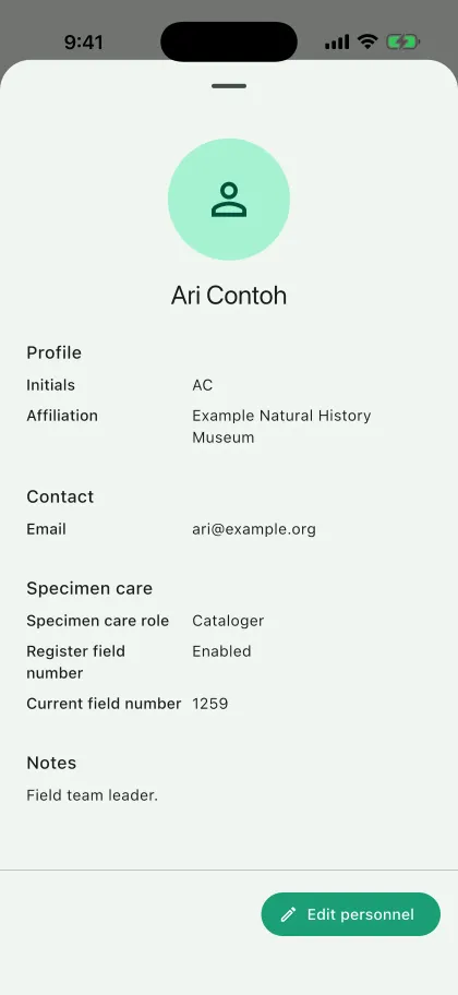NAHPU Personnel details screen on a phone