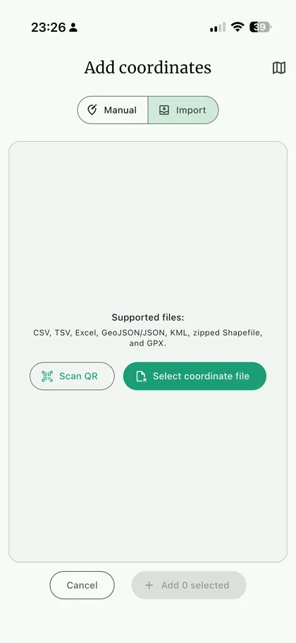 NAHPU Add coordinates page on a phone with the Import option selected