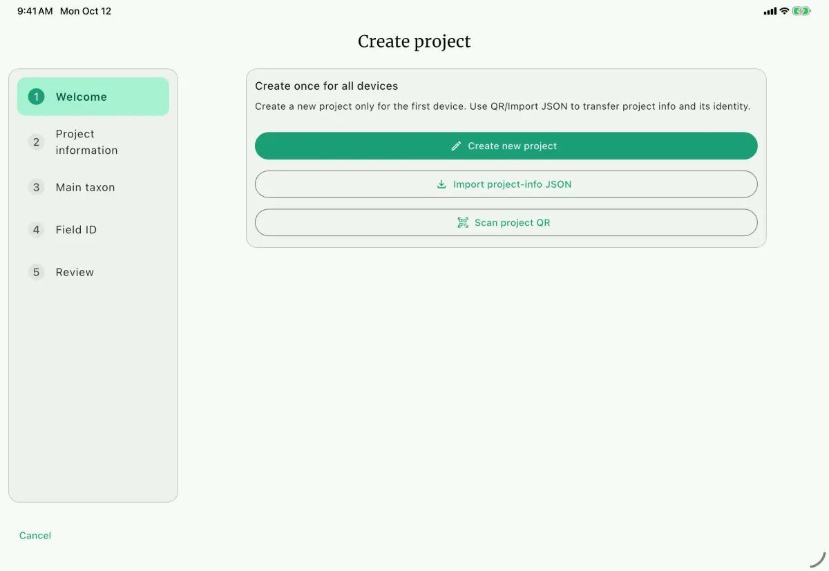 NAHPU Create project screen on a tablet