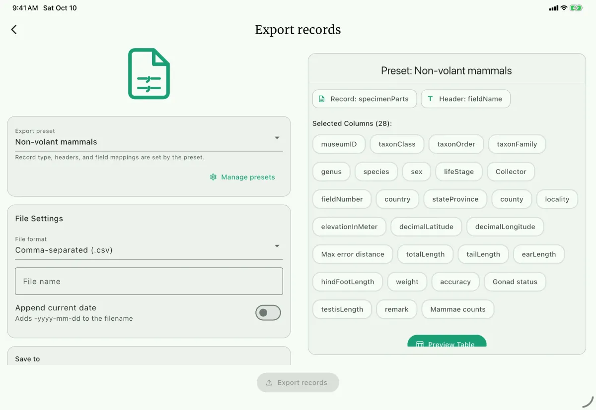 NAHPU Export records screen on a tablet