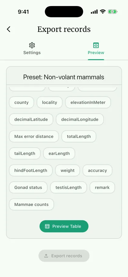 NAHPU Export records preview screen on a phone