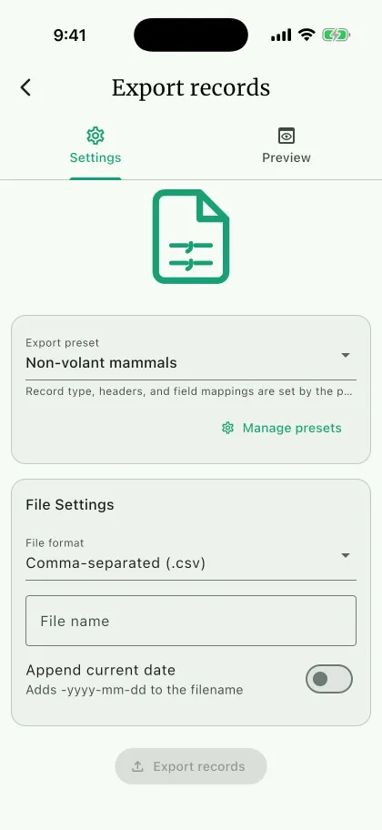 NAHPU Export records screen on a phone