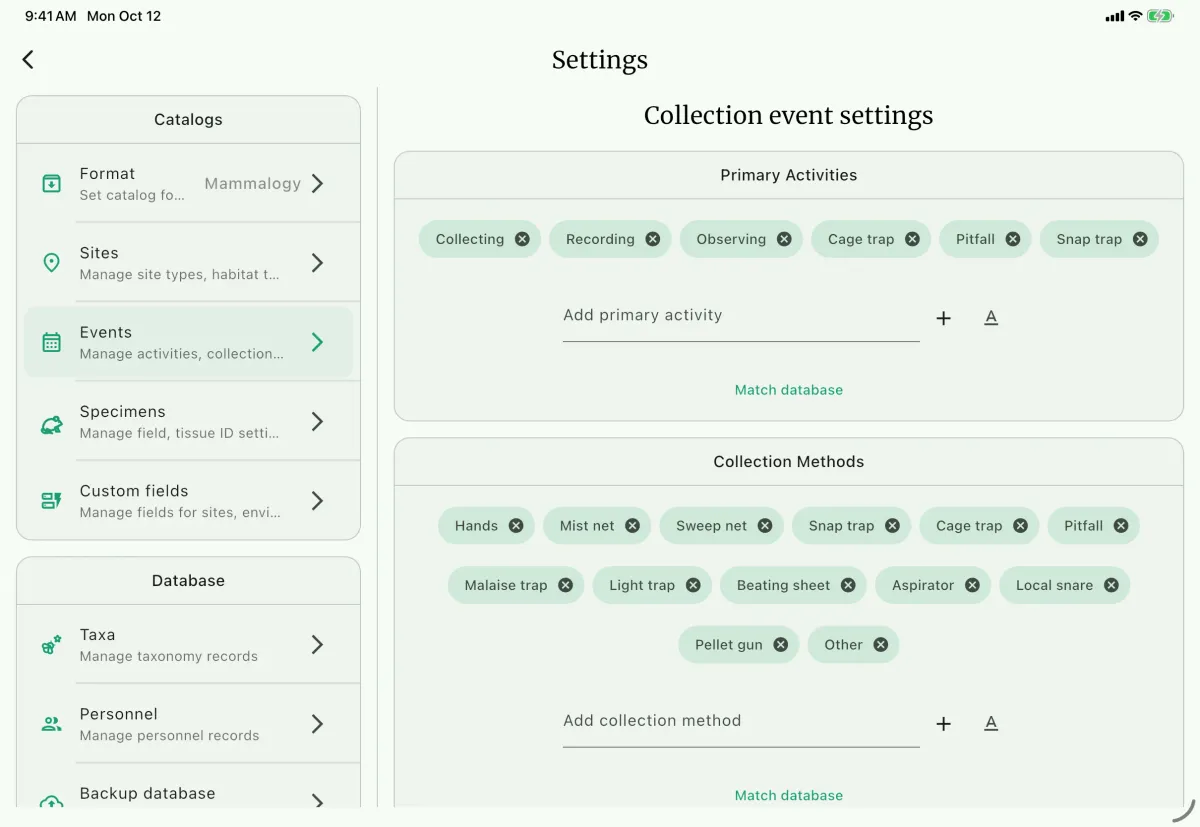 NAHPU Collection event settings screen on a tablet