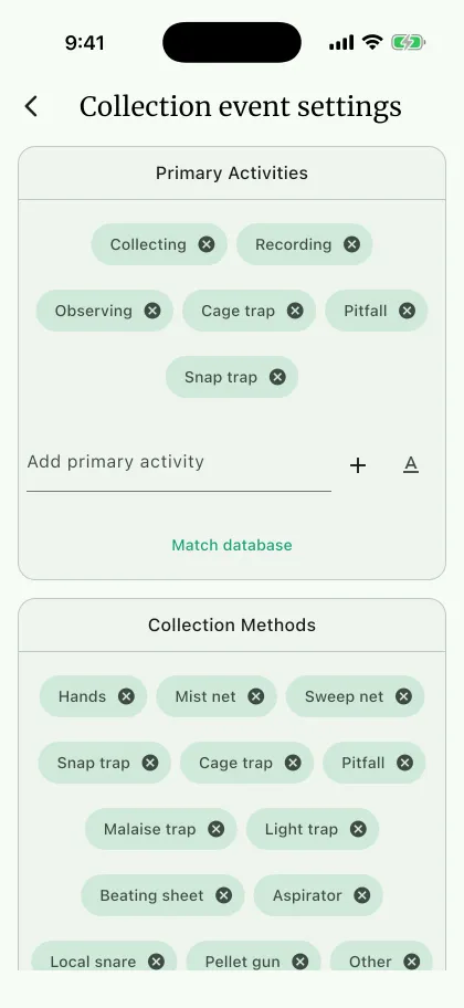 NAHPU Collection event settings screen on a phone