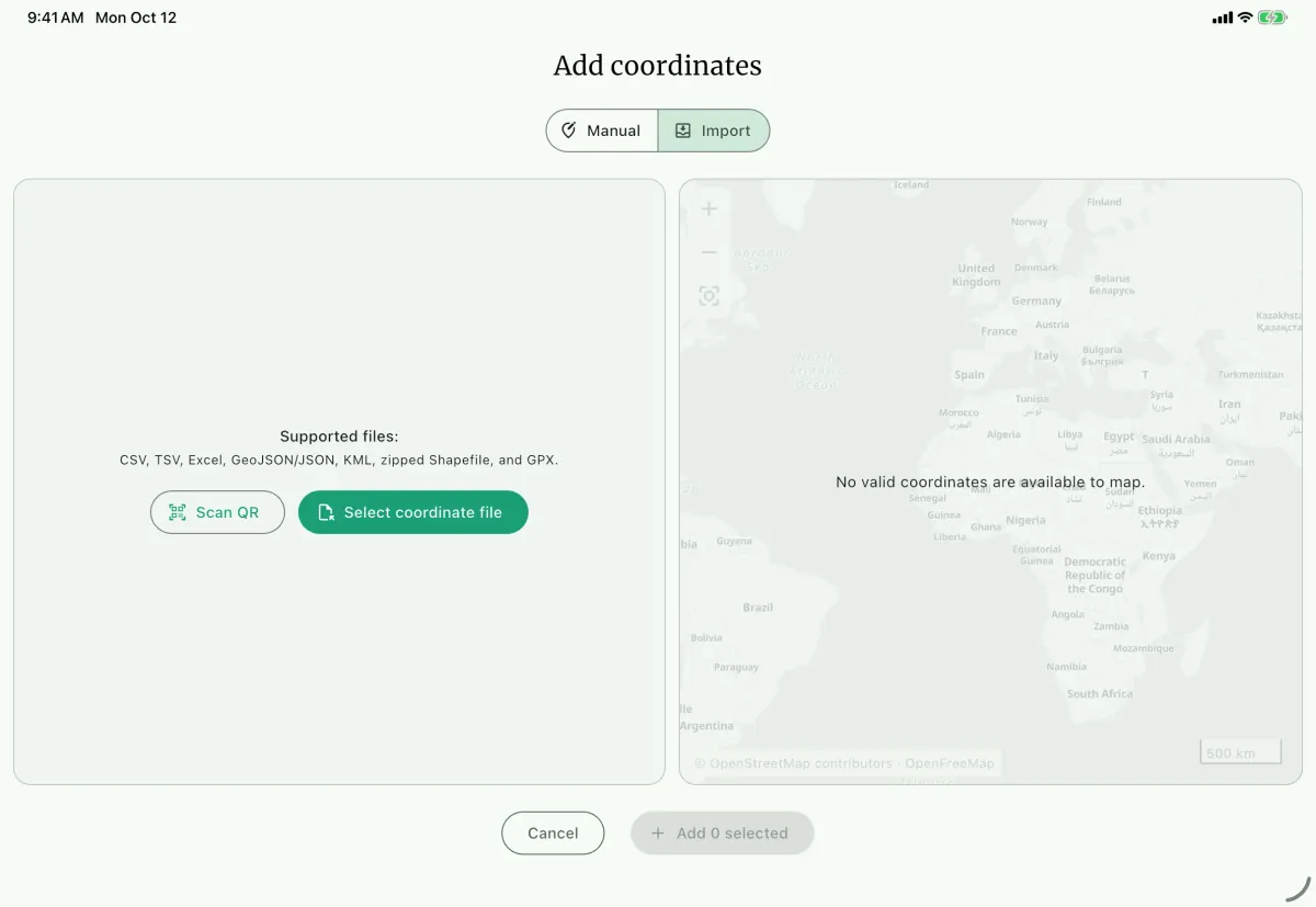 NAHPU Add coordinates page on a tablet with the Import option selected