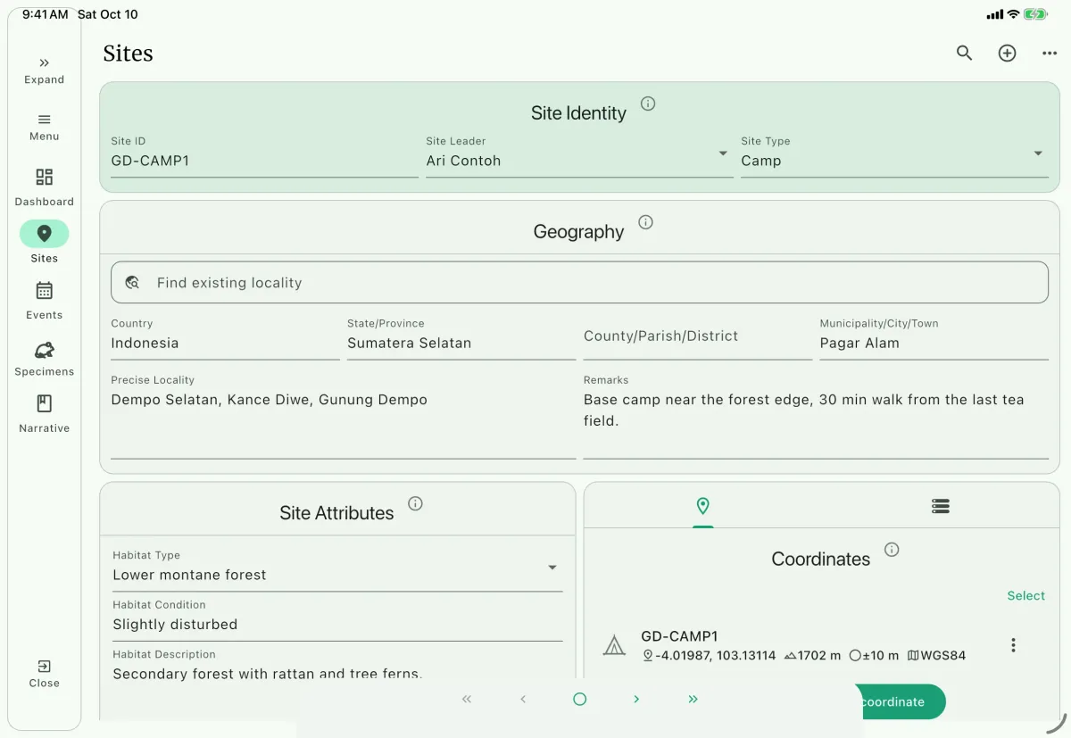 NAHPU Sites page on a tablet with site identity, geography, habitat, and coordinate panels