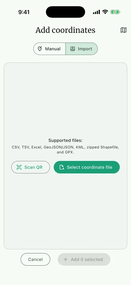 NAHPU Add coordinates page on a phone with the Import option selected