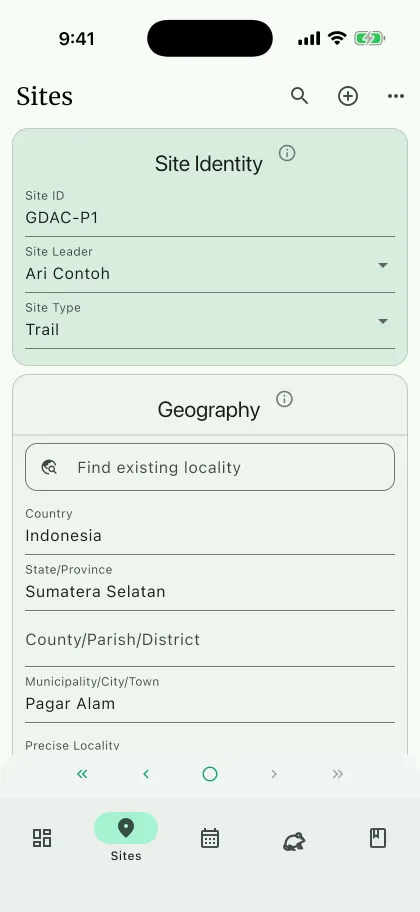 NAHPU Sites page on a phone with site identity and geography panels
