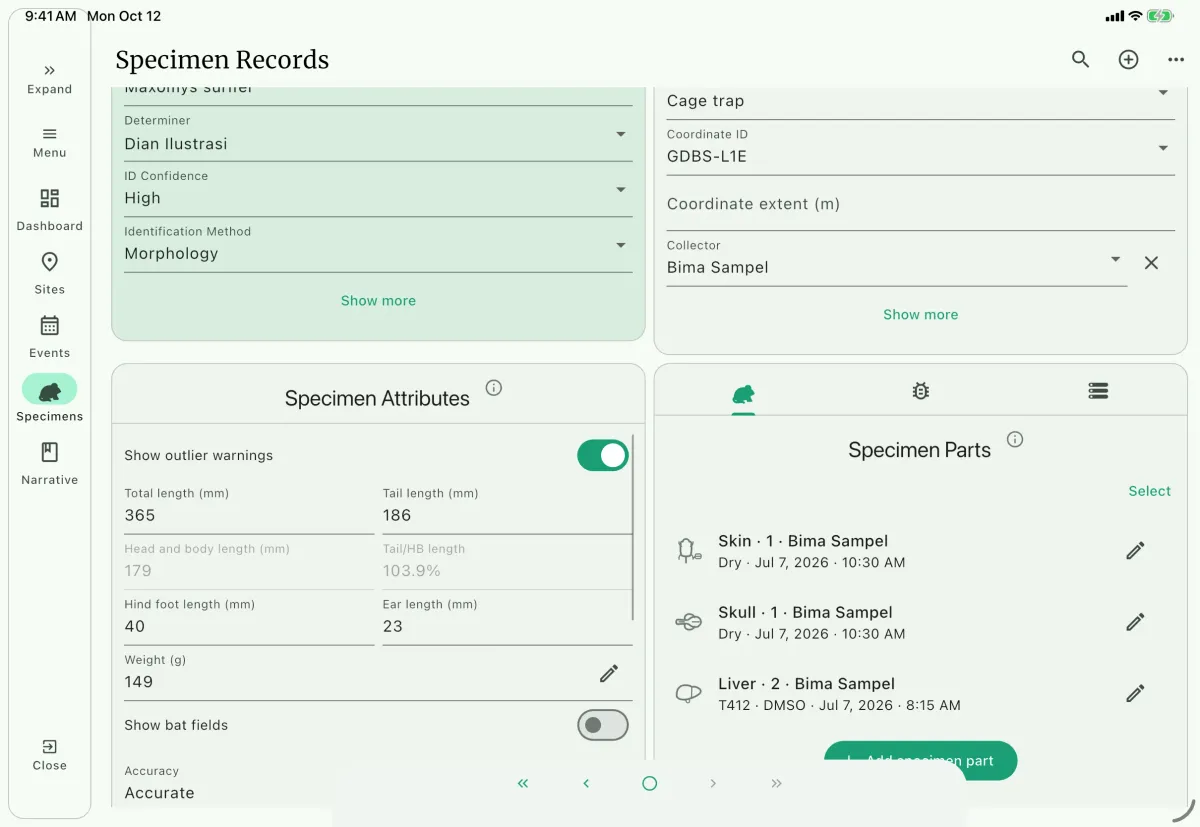 NAHPU Specimen Attributes and Specimen Parts screen on a tablet