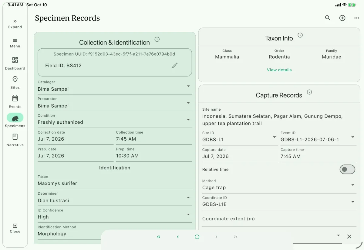 NAHPU Specimen Records screen on a tablet