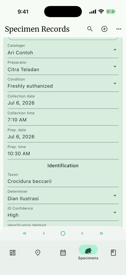 NAHPU Specimen Records screen on a phone