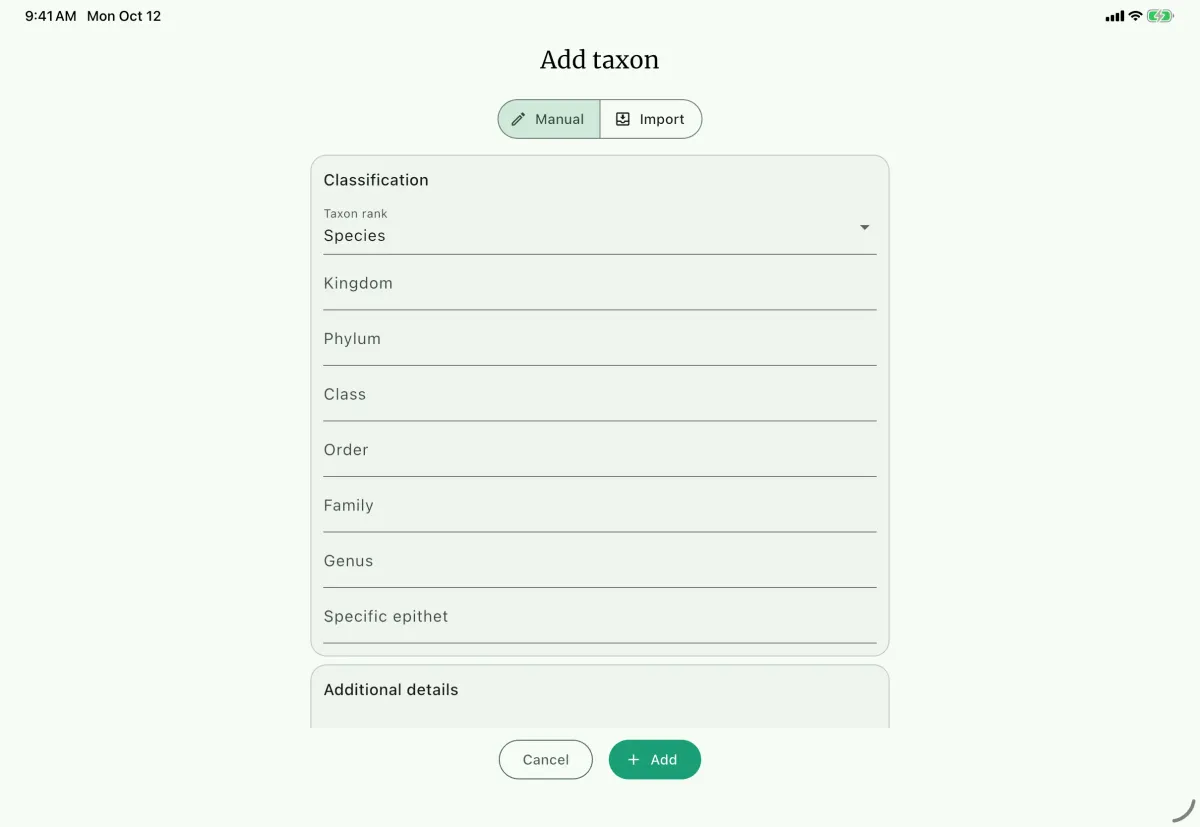 NAHPU Add taxon screen on a tablet