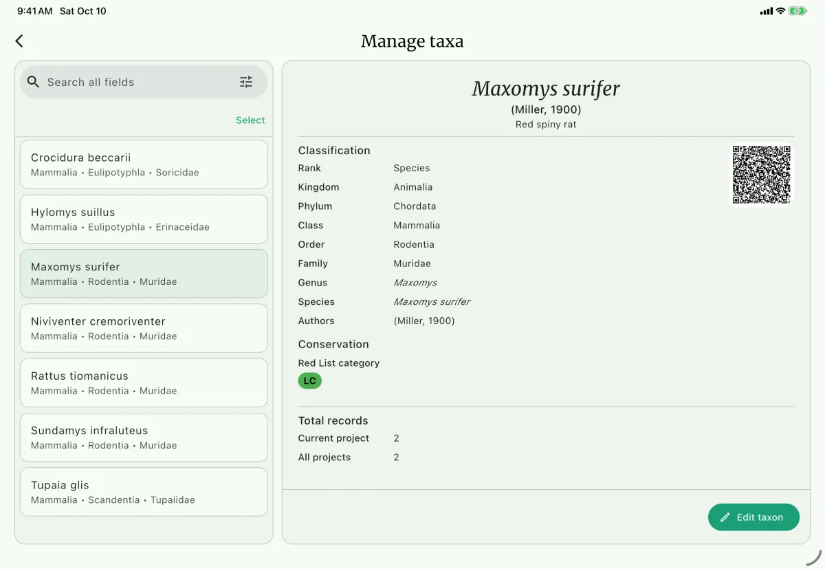 NAHPU Manage taxa screen on a tablet