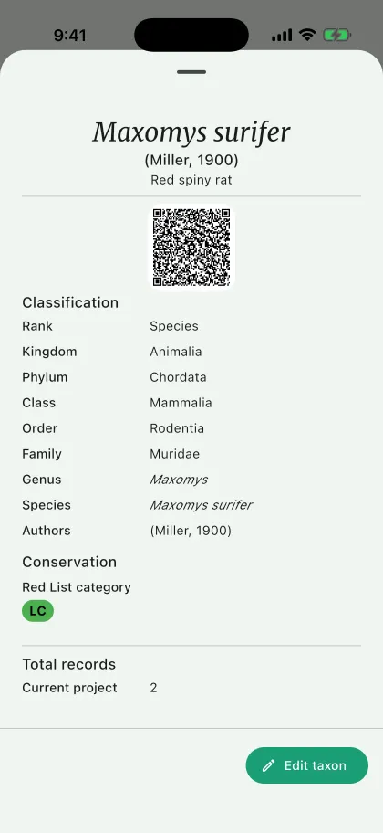 NAHPU Taxon details screen on a phone