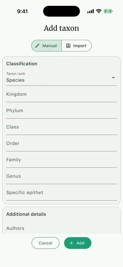 NAHPU Add taxon screen on a phone