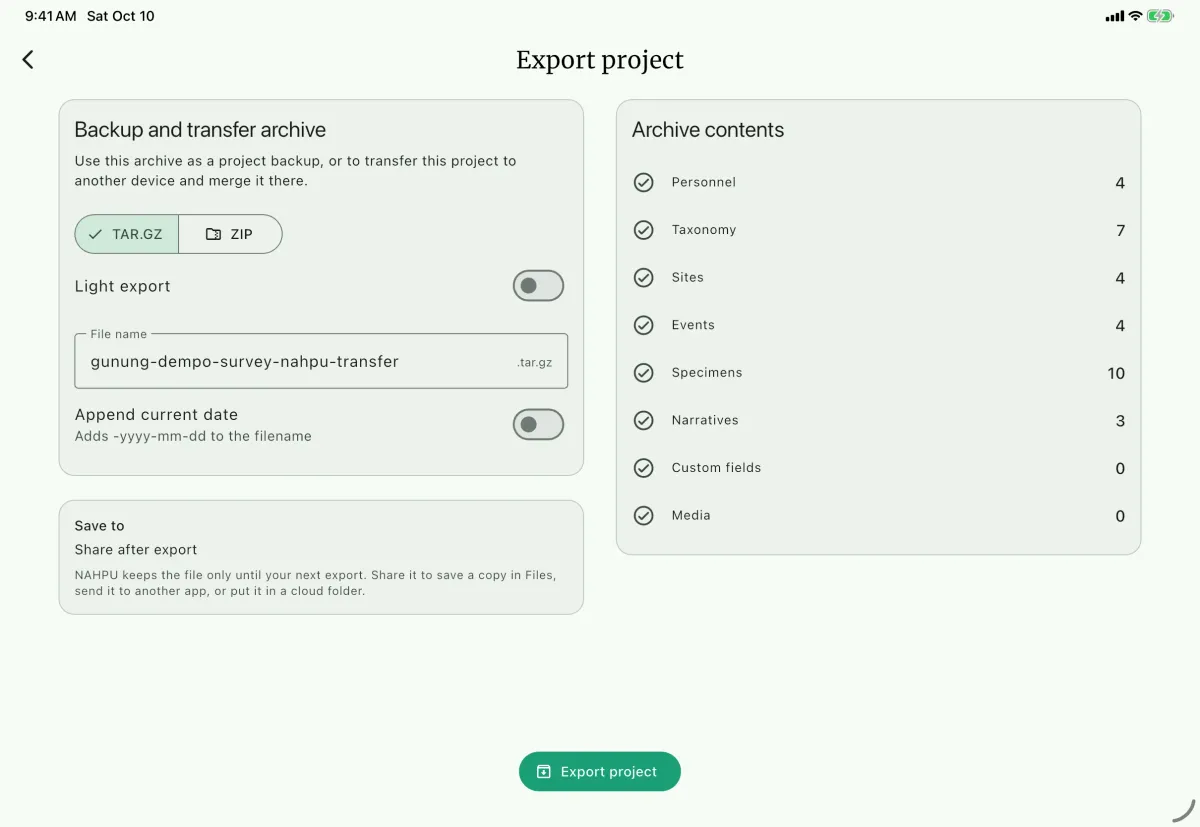 NAHPU Export project screen on a tablet