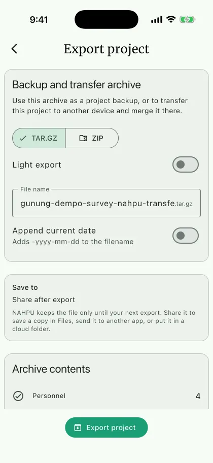 NAHPU Export project screen on a phone